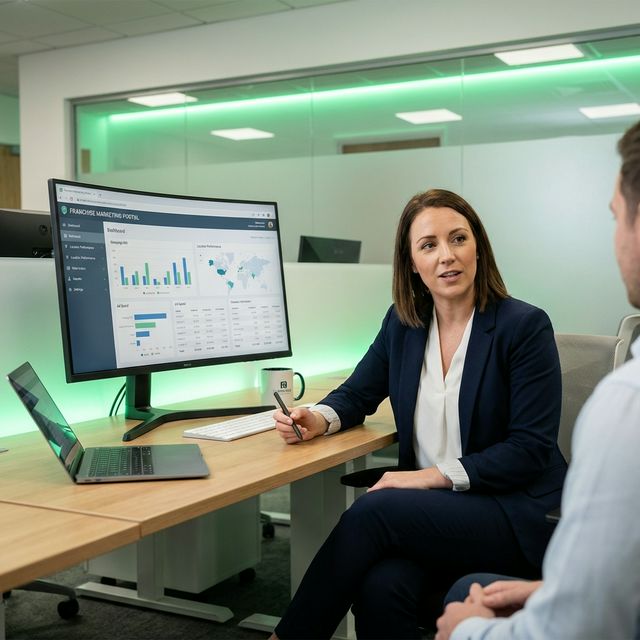 Business professionals reviewing marketing portal performance metrics