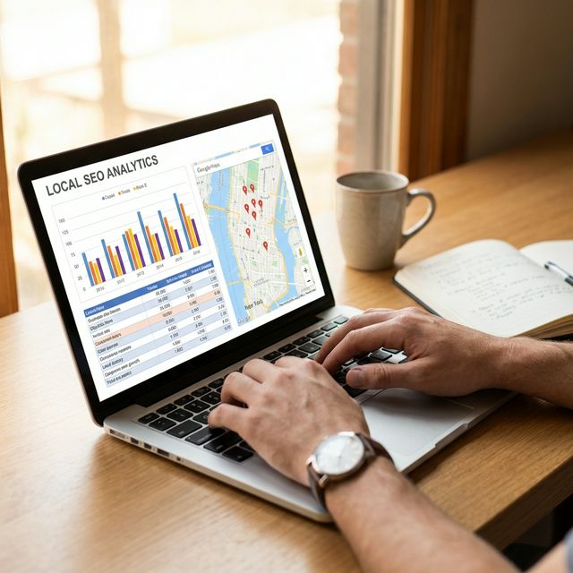 Marketing team analyzing local SEO performance data on screens