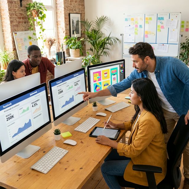 Digital marketing team reviewing Facebook ad campaign performance